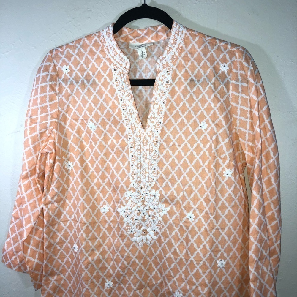CHARTER CLUB Luxury 100% Linen Embroidered 3/4 Sleeve Tunic Top Sz S - Picture 3 of 9